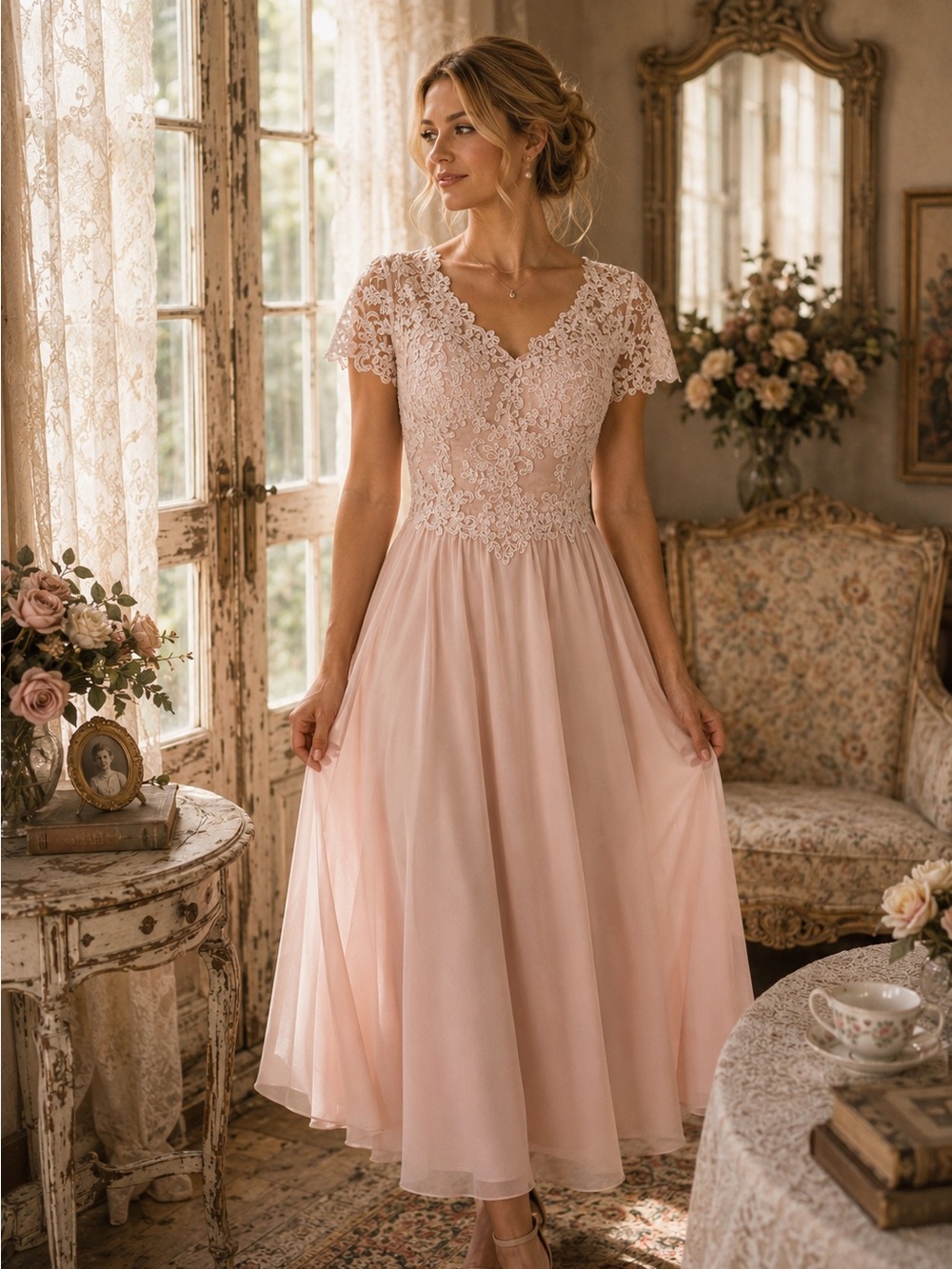 Elegant Lace Bodice Midi Dress in Blush